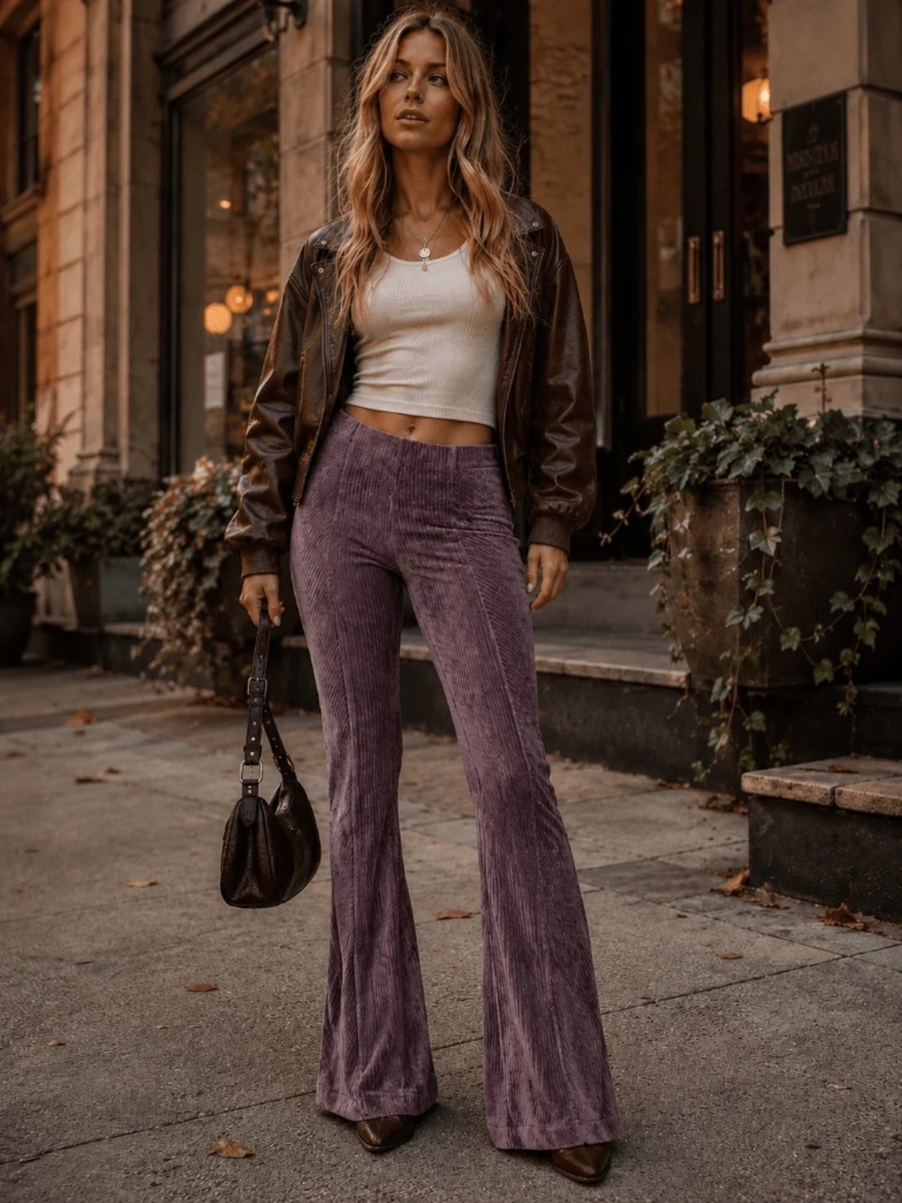 "Baevely" Women's Elastic Waist Bell Leg Ribbed Pants